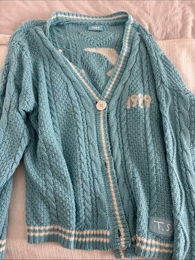 Taylor Swift Teal Cable Knit Cardigan with White Trim and '1989' Embroidery